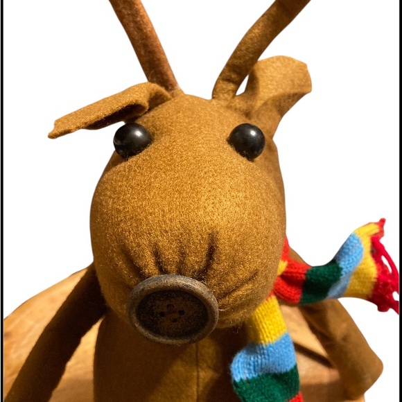 Brown Plush shelf sitting Reindeer with Colorful Scarf. - Picture 8 of 10